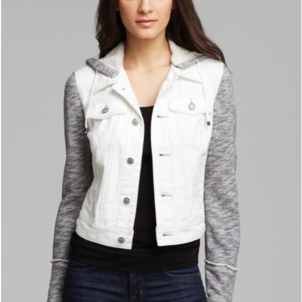 Free people white grey distress denim hood jacket fits like a Medium